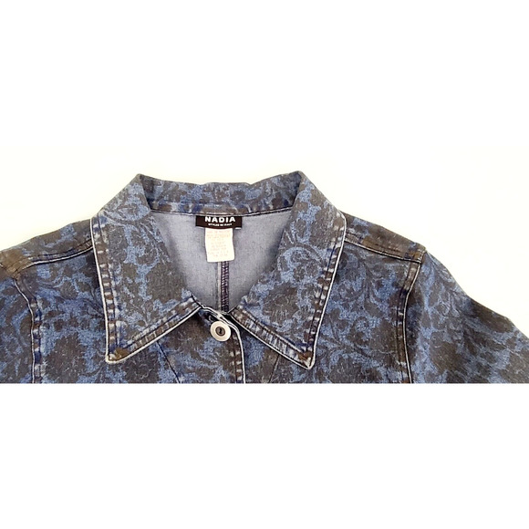 NADIA Blue Jean Jacket With Black Floral Design Button Up Size Large Made in USA - Picture 7 of 11
